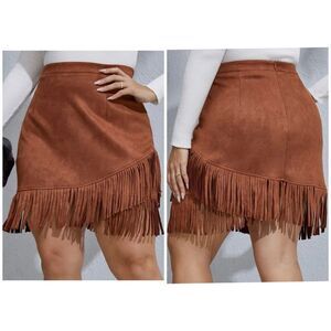 Shein High Waist Faux-Suede Fringe Hem Skirt